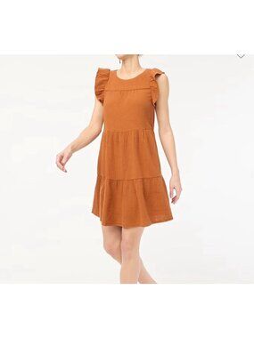 J. Crew Factory Tiered Gauzy Flutter Sleeve Mini Dress Orange Brown Sz 6